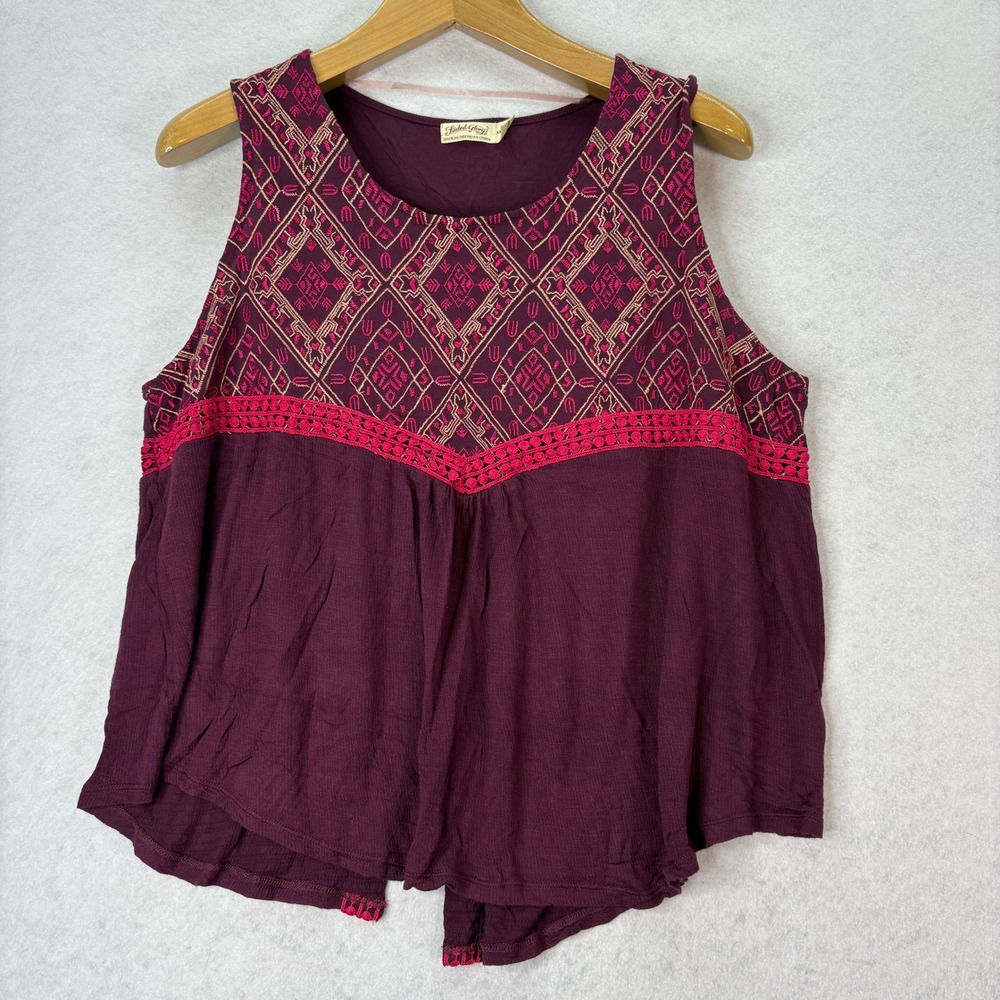 Faded Glory Deep Purple Embroidered Split Back Tank Top Womens XXL Boho Festival